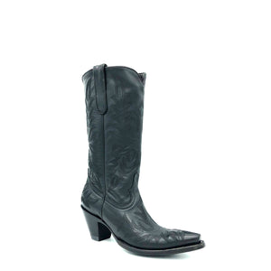 Women's Black Fashion Cowboy Boots Fancy Black Western Stitch Pattern on Vamp Heel Counter and Shaft 13" Height Pointy Round Toe 3" Fashion High Heel Black Sole