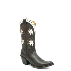 Women's chocolate oiled cowhide leather cowboy boots. 1960's vintage inspired design with green and tan stitching and white floral inlays on the shaft. White collar with green star inlays. Round toe with a classic western toe medallion and a 3" fashion heel.