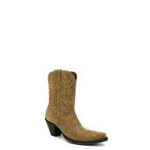 Load image into Gallery viewer, Women's Natural Suede Short Cowboy Boots Bone Flame Stitch Pattern on Tops Classic Vintage Toe Medallion 9" Height Snip Toe 3" Fashion Heel Brown Leather Sole