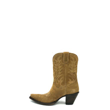 Load image into Gallery viewer, Women's Natural Suede Short Cowboy Boots Bone Flame Stitch Pattern on Tops Classic Vintage Toe Medallion 9" Height Snip Toe 3" Fashion Heel Brown Leather Sole