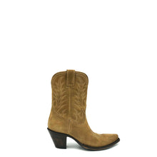 Load image into Gallery viewer, Women's Natural Suede Short Cowboy Boots Bone Flame Stitch Pattern on Tops Classic Vintage Toe Medallion 9" Height Snip Toe 3" Fashion Heel Brown Leather Sole
