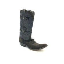 Load image into Gallery viewer, Authentic custom men's cowboy boots. Black suede cowhide leather on vamp with traditional western toe medallion. Black handtooled cowhide leather on top with suede inlays and collar. Handtooled black cowhide leather pull-straps with sterling silver stars. Black lining. 13" height. 1 1/4" heel. Snip toe. Black sole. These JB Hill cowboy boots were handmade in El Paso, Texas. Proudly made in the USA.