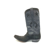 Load image into Gallery viewer, Authentic custom men's cowboy boots. Black suede cowhide leather on vamp with traditional western toe medallion. Black handtooled cowhide leather on top with suede inlays and collar. Handtooled black cowhide leather pull-straps with sterling silver stars. Black lining. 13" height. 1 1/4" heel. Snip toe. Black sole. These JB Hill cowboy boots were handmade in El Paso, Texas. Proudly made in the USA.
