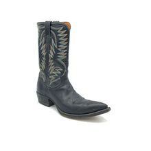 Load image into Gallery viewer, Men's handmade vintage Justin cowboy boots from the 60's. Black cowhide leather with turquoise, burnt orange and tan stitch on uppers. Classic western toe medallion. 12" height. 1 1/2" heel. Pointed toe. Black leather sole.