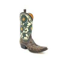 Load image into Gallery viewer, Authentic custom men's cowboy boots. Brown cowhide leather on vamp with tan flame stitch. Light beige tops with forest green floral overlays with mustard yellow stitch. Chocolate brown braided collar. Light beige braided backseam. Inside chocolate brown leather pull-straps. 12" height. 1 1/4" heel. Snip toe. Brown leather sole. These Liberty cowboy boots were handmade in Mexico.