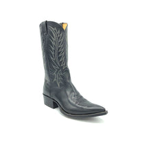 Load image into Gallery viewer, Authentic custom women's cowboy boots from the 1960's. Black cowhide leather with white stitch. Traditional western toe medallion. 12" height. 1 1/2" heel. Pointed toe. Black leather sole. These one-of-a-kind unworn Nocona cowboy boots were handmade in Nocona, Texas. Proudly made in the USA.