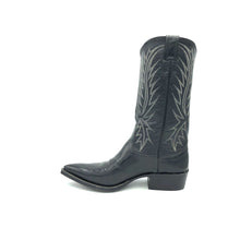 Load image into Gallery viewer, Authentic custom women's cowboy boots from the 1960's. Black cowhide leather with white stitch. Traditional western toe medallion. 12" height. 1 1/2" heel. Pointed toe. Black leather sole. These one-of-a-kind unworn Nocona cowboy boots were handmade in Nocona, Texas. Proudly made in the USA.