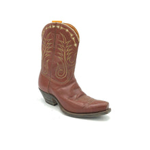 Load image into Gallery viewer, Authentic custom women's cowboy boots from the 1950's. Brown cowhide leather with tan stitch and white diamond shaped inlays on the tops. Inside cloth pull-straps. 10" height. 2" heel. Square toe. Brown sole. These one-of-a-kind Stewart Romero cowboy boots were handmade in Los Angeles, CA. Proudly made in the USA.