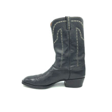Load image into Gallery viewer, Authentic custom men's cowboy boots from the 1970's. Black cowhide leather with unique white stitching. Traditional western toe medallion. 11 1/2" height. 1 3/4" heel. Square toe. Black leather sole. These one-of-a-kind Lucchese's were handmade in San Antonio, Texas. Proudly made in the USA.