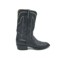 Load image into Gallery viewer, Authentic custom men's cowboy boots from the 1970's. Black cowhide leather with unique white stitching. Traditional western toe medallion. 11 1/2" height. 1 3/4" heel. Square toe. Black leather sole. These one-of-a-kind Lucchese's were handmade in San Antonio, Texas. Proudly made in the USA.