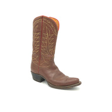 Load image into Gallery viewer, Authentic custom women's cowboy boots from the 1950's. Brown cowhide leather with tan stitch and red piping. Traditional western toe medallion. Inside cloth pull-straps. 12" height. 1 1/2" heel. Snip toe. Brown sole. These one-of-a-kind Tony Lama cowboy boots were handmade in El Paso, Texas. Proudly made in the USA.