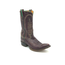 Load image into Gallery viewer, Men's handmade Tony Lama vintage cowboy boots. Burgundy cowhide leather with tan and green stitching and green piping and pull-straps. 12" height. 1 1/4" heel. Brown sole.
