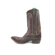 Load image into Gallery viewer, Men's handmade Tony Lama vintage cowboy boots. Burgundy cowhide leather with tan and green stitching and green piping and pull-straps. 12" height. 1 1/4" heel. Brown sole.