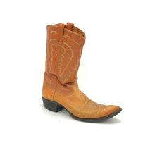 Load image into Gallery viewer, Authentic custom men's cowboy boots from the 1960's. Cognac cowhide leather with multi-color stitch. Traditional western toe medallion. 11" height. 1 1/4" heel. Pointed toe. Brown sole. These one-of-a-kind Tony Lama's were handmade in El Paso, Texas. Proudly made in the USA.