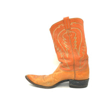 Load image into Gallery viewer, Authentic custom men's cowboy boots from the 1960's. Cognac cowhide leather with multi-color stitch. Traditional western toe medallion. 11" height. 1 1/4" heel. Pointed toe. Brown sole. These one-of-a-kind Tony Lama's were handmade in El Paso, Texas. Proudly made in the USA.