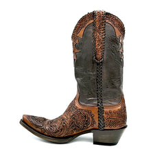 Load image into Gallery viewer, Men&#39;s Brown Cowboy Boots Handtooled Floral Pattern on Vamp Collar and Pull-Straps Chocolate Brown Deertan Leather Shaft Brown Handbraided Scallop Side Seams and Pull-Straps 13&quot; Height Elongated Snip Toe 1 1/4&quot; Walking Heel Chocolate Brown Sole
