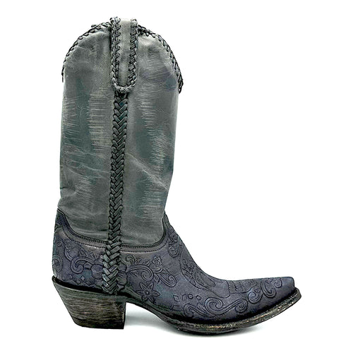Men's Black Handtooled Skull and Floral Pattern Leather Cowboy Boots. Distressed black tooling leather Handmade for us by artisans at Old Gringo 12