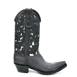 Stingray Western Handtooled in Black is a men's handmade cowboy boot. Shaved black stingray vamp and heel counter. Handtooled black floral overlay on gunmetal cowhide. Black leather braiding on collar, side seams and pull straps. Stingray overlay on pull straps. Black leather lining. 12" height. 1 1/2" heel. Black leather sole.