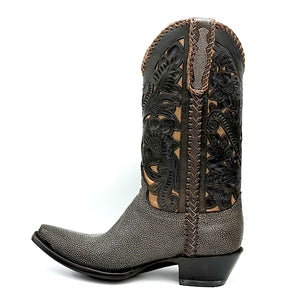 Stingray Western Handtooled in Cigar is a men's handmade cowboy boot. Shaved chocolate brown stingray vamp and heel counter. Handtooled chocolate brown floral overlay on copper cowhide. Chocolate brown leather braiding on collar, side seams and pull straps. Stingray overlay on pull straps. Tan leather lining. 12" height. 1 1/2" heel. Chocolate brown leather sole.