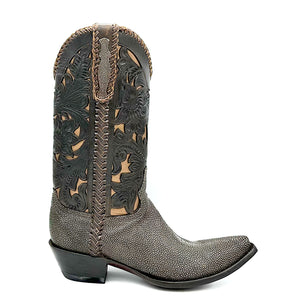 Stingray Western Handtooled in Cigar is a men's handmade cowboy boot. Shaved chocolate brown stingray vamp and heel counter. Handtooled chocolate brown floral overlay on copper cowhide. Chocolate brown leather braiding on collar, side seams and pull straps. Stingray overlay on pull straps. Tan leather lining. 12" height. 1 1/2" heel. Chocolate brown leather sole.
