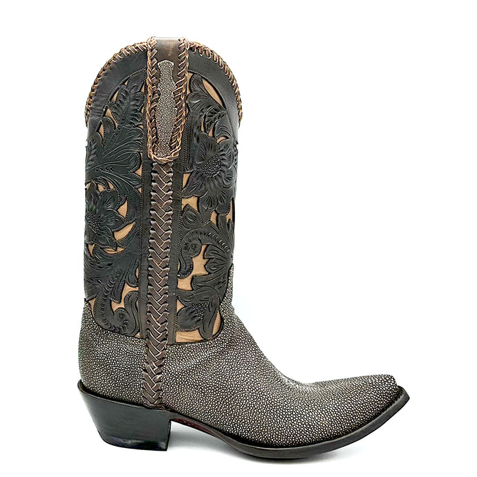 Stingray Western Handtooled in Cigar is a men's handmade cowboy boot. Shaved chocolate brown stingray vamp and heel counter. Handtooled chocolate brown floral overlay on copper cowhide. Chocolate brown leather braiding on collar, side seams and pull straps. Stingray overlay on pull straps. Tan leather lining. 12