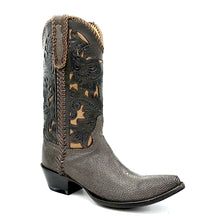 Load image into Gallery viewer, Stingray Western Handtooled in Cigar is a men&#39;s handmade cowboy boot. Shaved chocolate brown stingray vamp and heel counter. Handtooled chocolate brown floral overlay on copper cowhide. Chocolate brown leather braiding on collar, side seams and pull straps. Stingray overlay on pull straps. Tan leather lining. 12&quot; height. 1 1/2&quot; heel. Chocolate brown leather sole.
