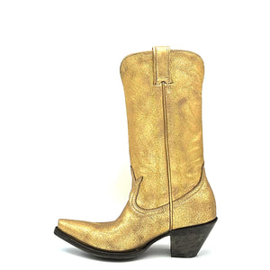 Women's Washed Gold Cowboy Boots with Gold Vintage Pattern Stitch on Shaft and Gold Classic Western Toe Medallion 12" Height Pointed Toe 2 1/2" Heel Distressed Brown and Gold Sole 