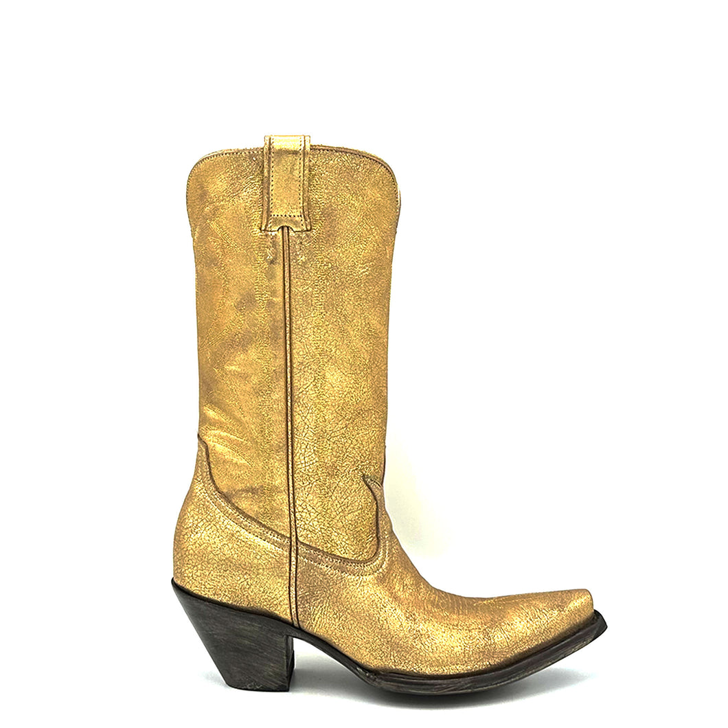 Women's Washed Gold Cowboy Boots with Gold Vintage Pattern Stitch on Shaft and Gold Classic Western Toe Medallion 12
