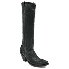 Load image into Gallery viewer, Women&#39;s Black Fashion Cowboy Boots Fancy Black Western Flame Stitch Pattern on Vamp Heel Counter and Shaft 18&quot; Height Pointy Round Toe 3&quot; Fashion High Heel Black Sole
