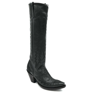 Women's Black Fashion Cowboy Boots Fancy Black Western Flame Stitch Pattern on Vamp Heel Counter and Shaft 18" Height Pointy Round Toe 3" Fashion High Heel Black Sole