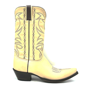 Canyon western in bone is a men's handmade cowboy boot. Off-white cowhide leather. Chocolate brown piping on pull-straps, collar and side seam. Chocolate brown stitching on uppers and toe medallion. Tan leather lining. Teak sole finish. Snip toe. 1 3/4" heel.