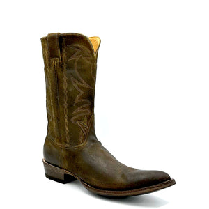 Men's handmade brown cowhide leather cowboy boots. Tan stitch. Vintage style toe medallion. 12" height. Tan lining. Rounded toe. 1" western heel. Distressed brown leather sole.
