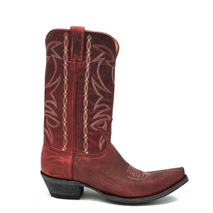 Boot Star men's traditional western handmade cowboy boots in distressed red. Tan stitch on tube and vintage style toe medallion. Tan leather lining. 12" height, snip toe and 1 1/2" western heel. Distressed black sole finish.