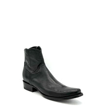 Load image into Gallery viewer, Men&#39;s handmade black calfskin leather ankle zip cowboy boots. Inside zip. 7&quot; height. Black leather lining. Square toe. 1&quot; heel. Black leather sole.
