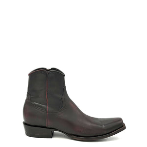 Boot Star Chase ankle zip in black cherry is a men's handmade ankle zip cowboy boot. Black cherry cowhide leather. Black leather lining. 7" height. Square toe. 1 1/2" walking heel. Dark teak brown sole finish.