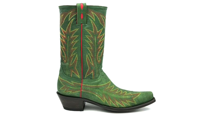 Christy Western in Green is a handmade men's cowboy boot using green cowhide leather featuring red and yellow flame stitch on vamp, heel counter and shaft.
