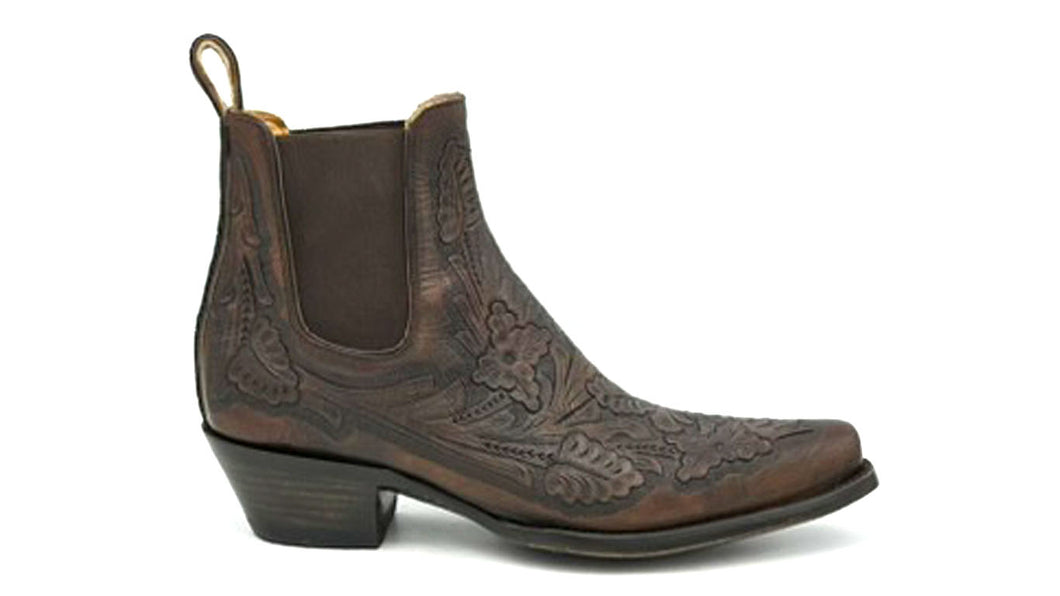 Men's Handtooled Floral Pattern Brown Ankle Cowboy Boots Tan Calf Lining Gore Side Openings 6