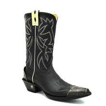 Load image into Gallery viewer, Men&#39;s Black Cowboy Boots with Bone Piping Pull-Straps and Stitching Classic Western Toe Medallion Engraved Metal Toe Heel Counter and Heel 12&quot; Height Snip Toe 1 1/2&quot; Underslung Heel Black Sole 
