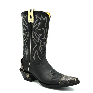 Men's Black Cowboy Boots with Bone Piping Pull-Straps and Stitching Classic Western Toe Medallion Engraved Metal Toe Heel Counter and Heel 12" Height Snip Toe 1 1/2" Underslung Heel Black Sole 