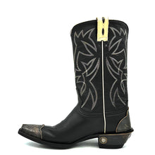 Load image into Gallery viewer, Men&#39;s Black Cowboy Boots with Bone Piping Pull-Straps and Stitching Classic Western Toe Medallion Engraved Metal Toe Heel Counter and Heel 12&quot; Height Snip Toe 1 1/2&quot; Underslung Heel Black Sole 
