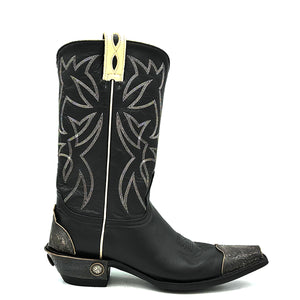 Men's Black Cowboy Boots with Bone Piping Pull-Straps and Stitching Classic Western Toe Medallion Engraved Metal Toe Heel Counter and Heel 12" Height Snip Toe 1 1/2" Underslung Heel Black Sole 