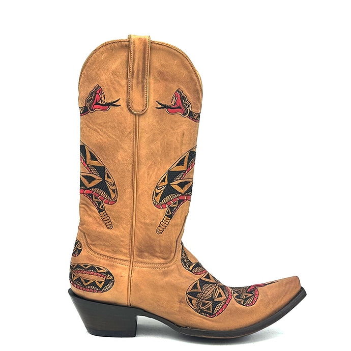 Boot Star Tattoo Snake Western is a men's handmade cowboy boot. Tan cowhide leather on vamp and uppers. Black and red 
