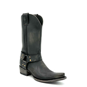 Women's Distressed Black Harness Boots with Aged Brass Hardware 12" Height 1 1/4" Toe 1 1/2" Heel Distressed Black Sole