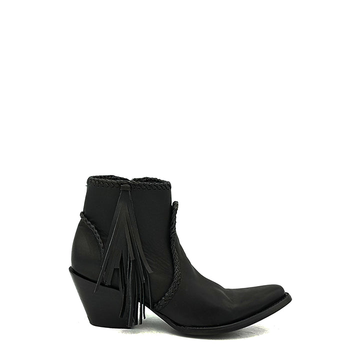 Boot Star Adela fringe ankle zip is a women's handmade cowboy boot. Supple black cowhide leather. Black hand-braided side seam and collar. Black fringe tassel on outside. Inside zip. Black leather lining. Round toe. 2 1/2