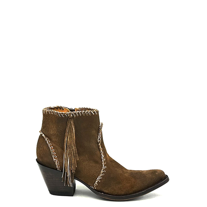 Boot Star Adela fringe ankle zip is a women's handmade cowboy boot. Soft camel suede cowhide leather. Camel suede hand-braided side seam and collar. Camel suede fringe tassel on outside. Inside zip. Brown leather lining. Round toe. 2 1/2
