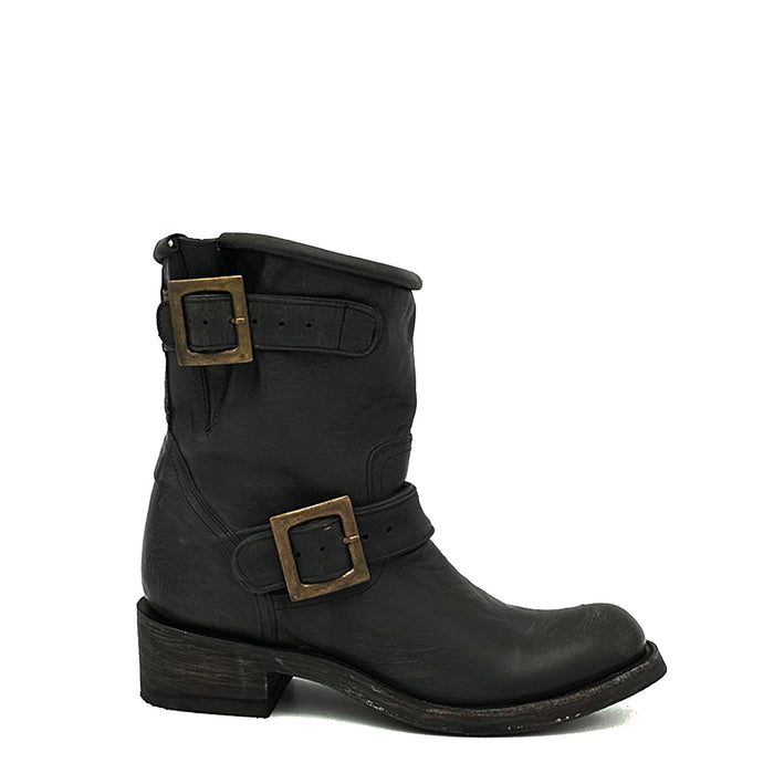 Boot Star Biker Engineer in black is a women's handmade biker cowboy boot. Distressed black cowhide. Brass hardware. Tan leather lining. 10