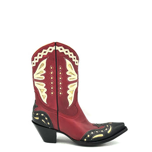 Butterfly western in cherry red is a women's handmade cowboy boot. Cherry red cowhide leather on vamp and uppers. Off-white and metallic gold eagle inlays and diamond shaped collar. Black cowhide vamp and heel counter overlays with metallic gold inlays. Inside pull-straps. Tan leather lining. Black sole finish. Snip toe. 2 1/2" western heel.