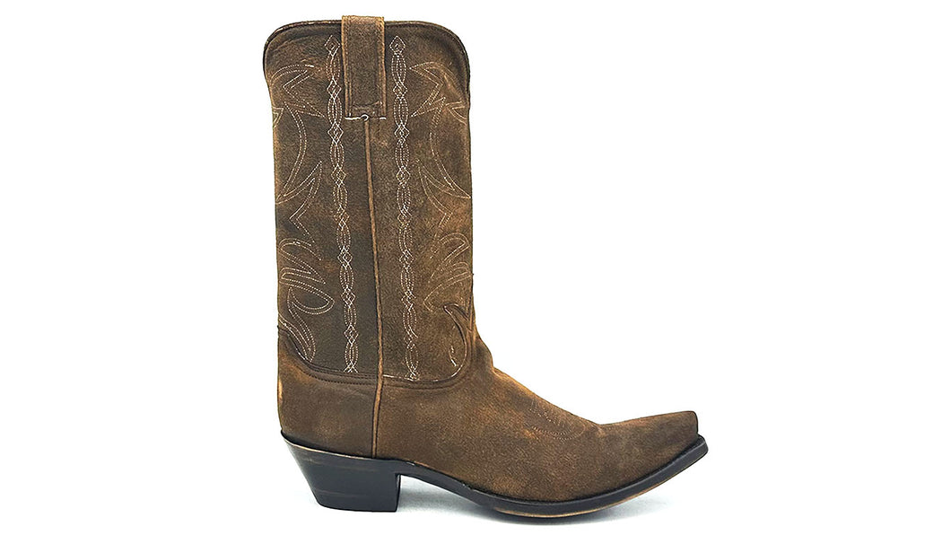 Canyon Western in camel suede is a women's handmade cowboy boot. Two-tone tan and brown suede cowhide leather. Chocolate brown stitching on uppers and toe medallion. Tan leather lining.