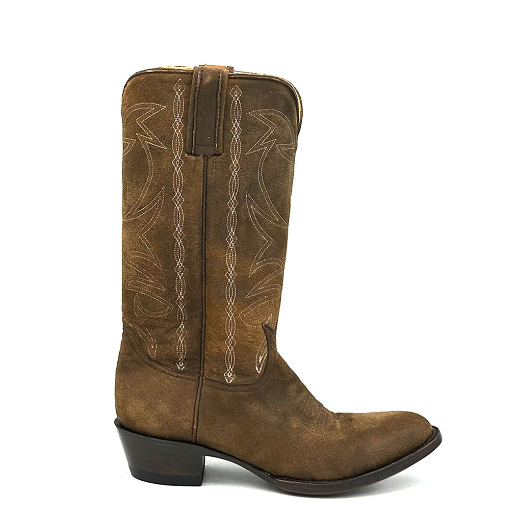 Boot Star Canyon Western in camel suede is a women's handmade cowboy boot. Two-tone tan and brown suede cowhide leather. Chocolate brown stitching on uppers and toe medallion. Tan leather lining. 12
