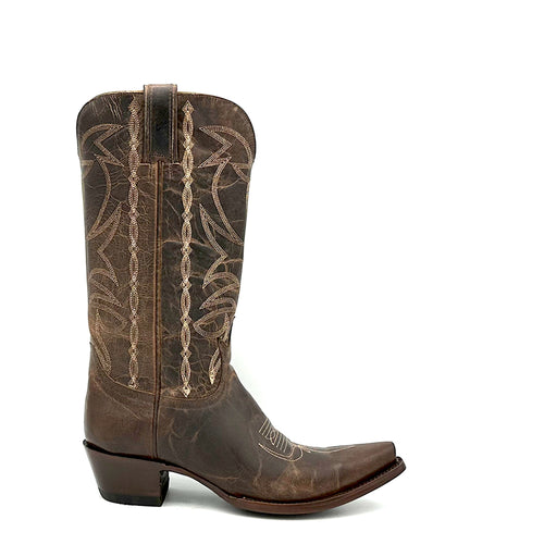 Women's handmade distressed brown cowhide leather cowboy boots. Tan stitch. Vintage style toe medallion. 12